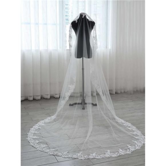 Cathedral Wedding Veil 1 Tier Lace Applique Bridal Veil with Comb (Ivory) - Picture 6 of 8